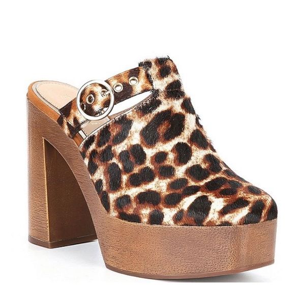 Gianni Bini SOTELO Leopard Print Calf Hair Buckle Detail Platform Clogs - Picture 3 of 4